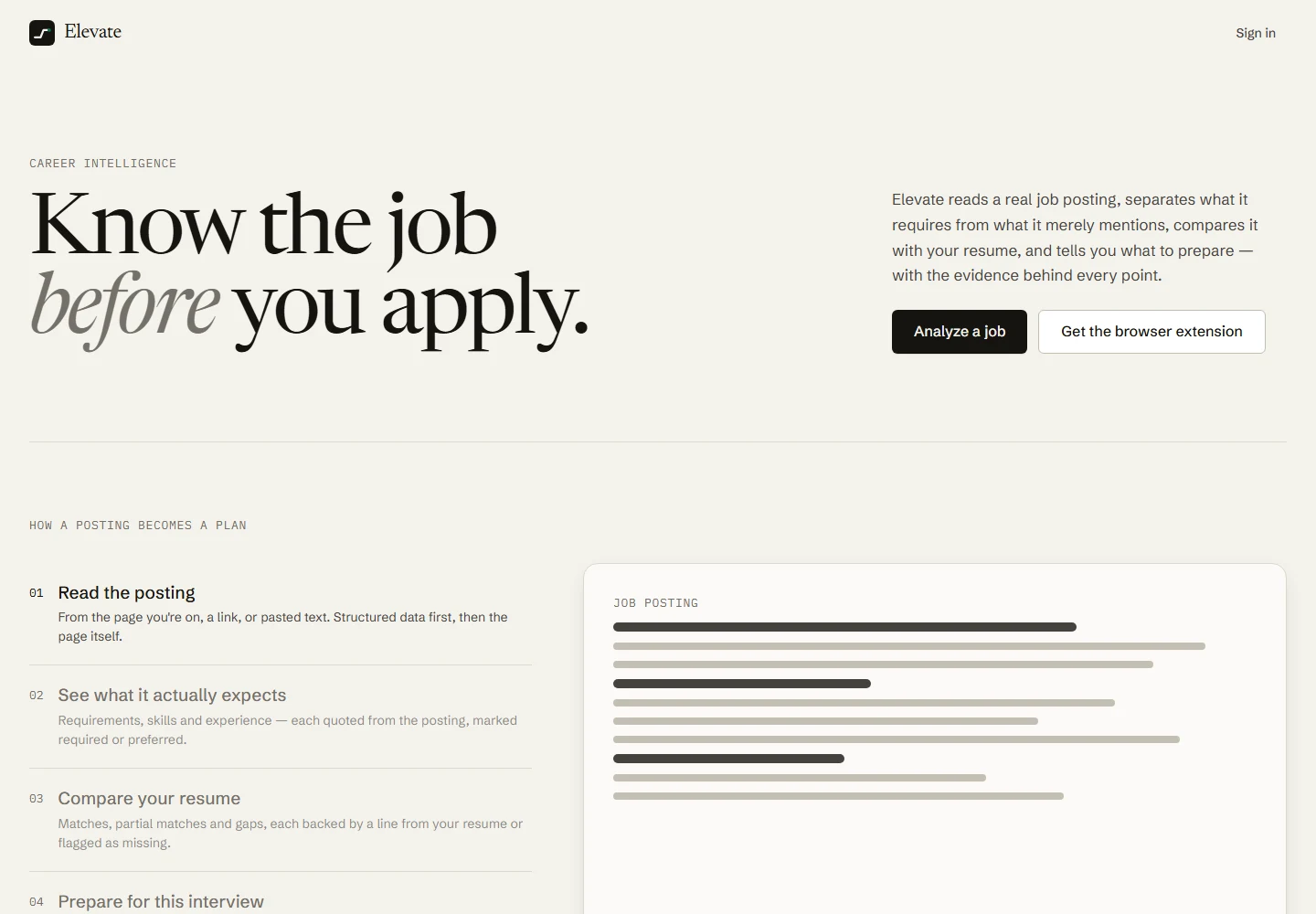 The actual Elevate website showing job analysis and interview preparation