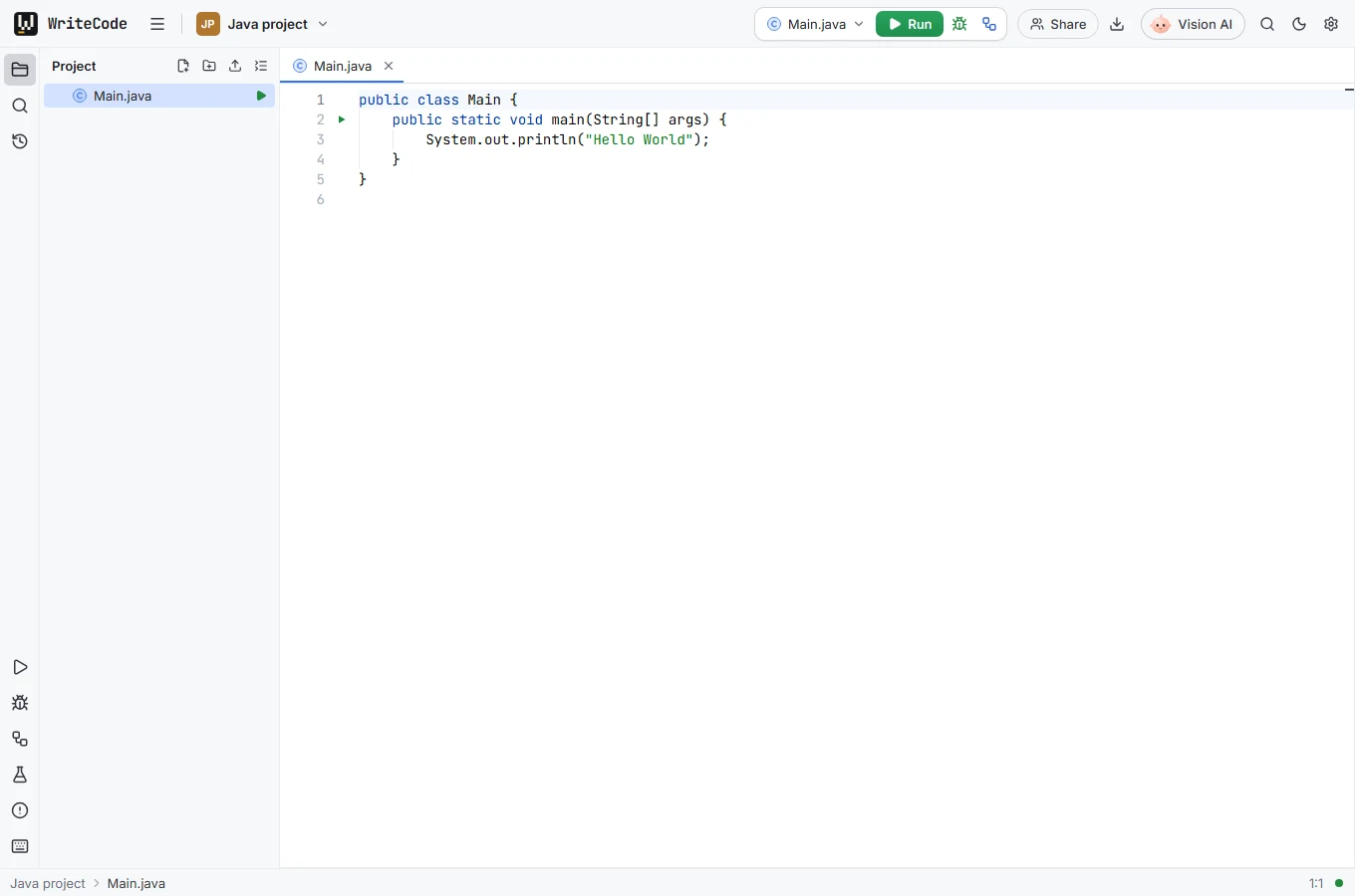 The real WriteCode Java editor, showing Main.java and its console